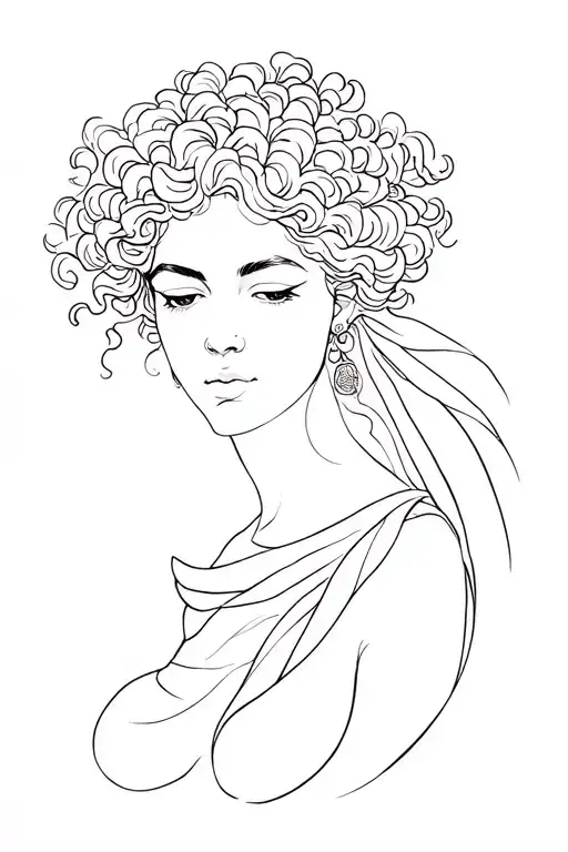Line art, Greek goddess Calypso, black woman with curly hair  tattoo design idea