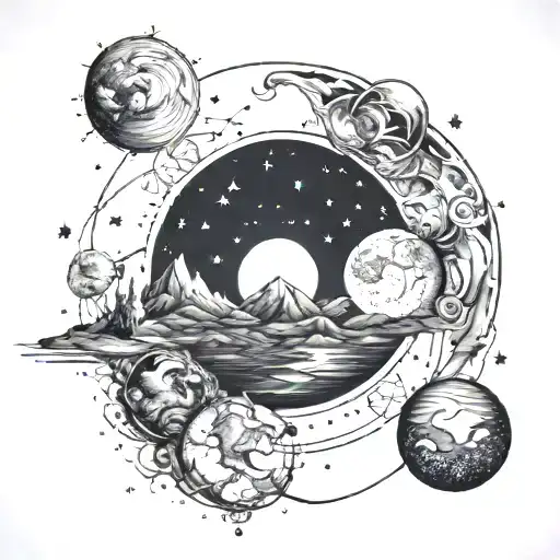 starry sky filled with constellations, planets, ring of fire eclipse, mountains, river tattoo design idea