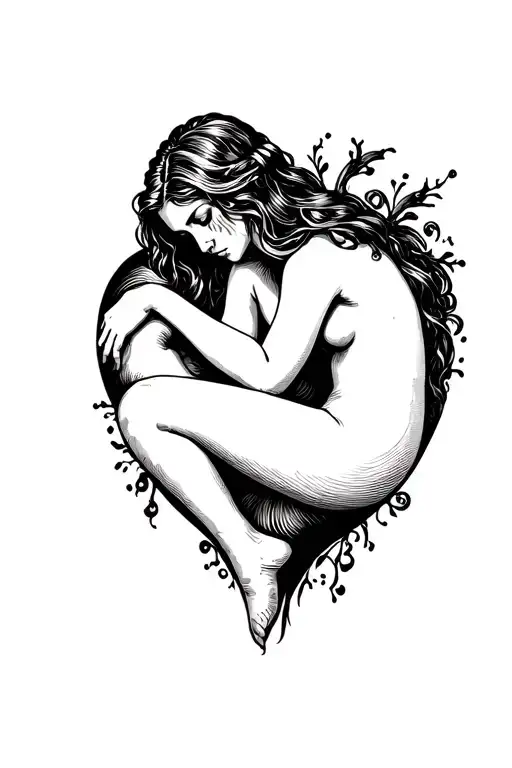 Lady in the fetal position crying trapped inside a heart tattoo design idea