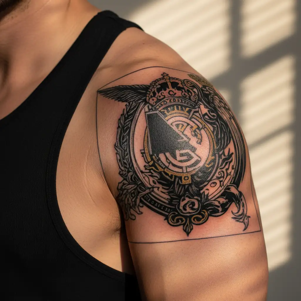 Combine the Real Madrid logo with a spartan helmet, incorporating elements of the tree of life and the map of Guyana tattoo design idea