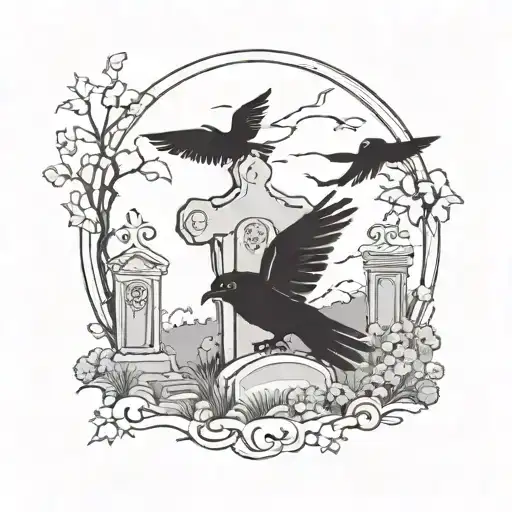 a cemetery with three tombstones in the middle, a cross on it, a raven with outstretched wings tattoo design idea