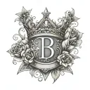 Letter A, letter B, letter W, crown, stars, hearts, flowers, love tattoo design idea