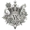 Letter A, letter B, letter W, crown, stars, hearts, flowers, love tattoo design idea