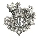 Letter A, letter B, letter W, crown, stars, hearts, flowers, love tattoo design idea