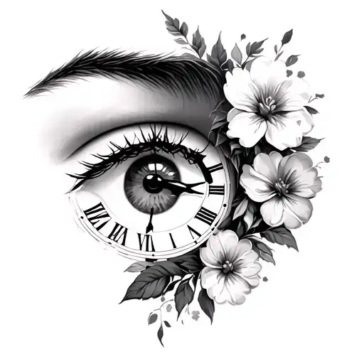 in the middle have a eye with eyebrow then on the right side top have a clock with roman numbers and have flowers coming tattoo design idea
