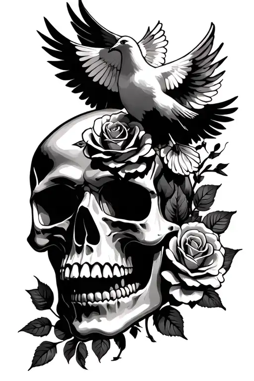 skull with roses and white dove holy spirit above tattoo design idea