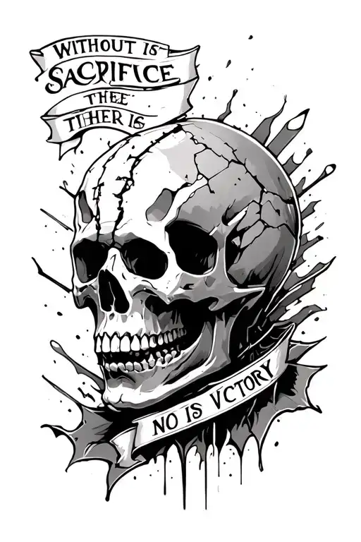 A fractured cranial on the right side with the phrase "without sacrifice there is no victory" tattoo design idea