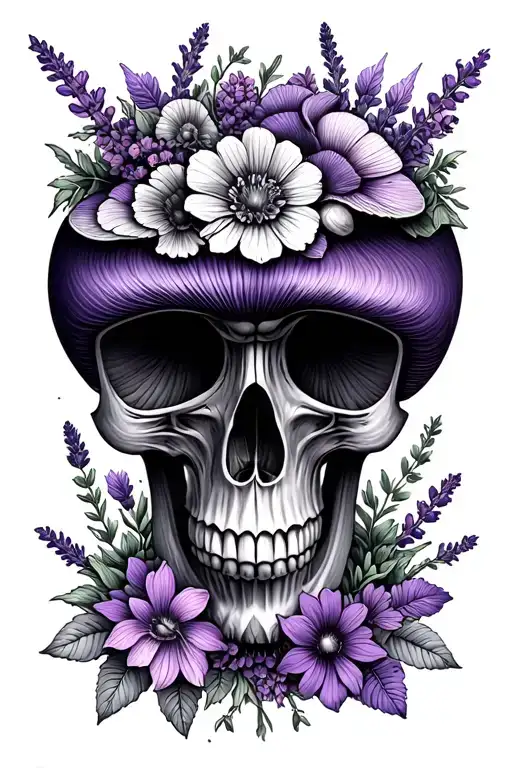 bottom part is half of a mandala design top part mushrooms flowers and lavenders that creates illusion of a skull tattoo design idea