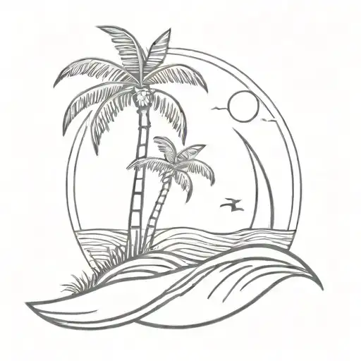 WAVES, SUN, COCONUT TREE, SURF BOARD tattoo design idea