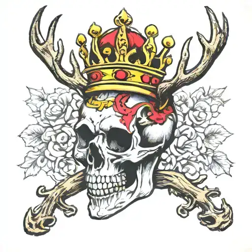 Human king  skull with deer antlers tattoo design idea