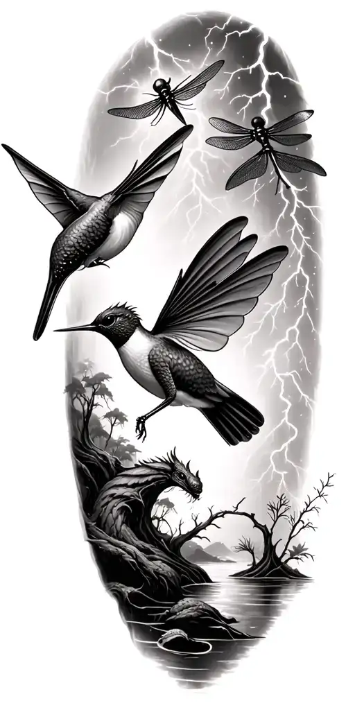 trees hummingbird dragon fly lightning bug creek tattoo design idea