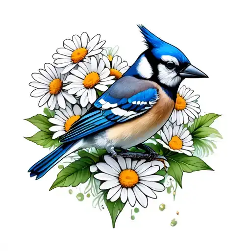 daisies and blue jay bird tattoo design idea