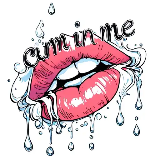 "Cum in me" white droplets, lips tattoo design idea
