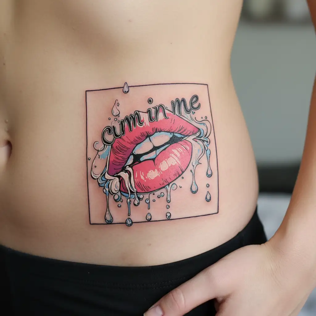 "Cum in me" white droplets, lips tattoo design idea