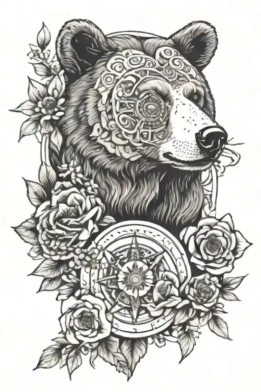 ca bear head, plumaria, redwood, poppy, viking compass tattoo design idea