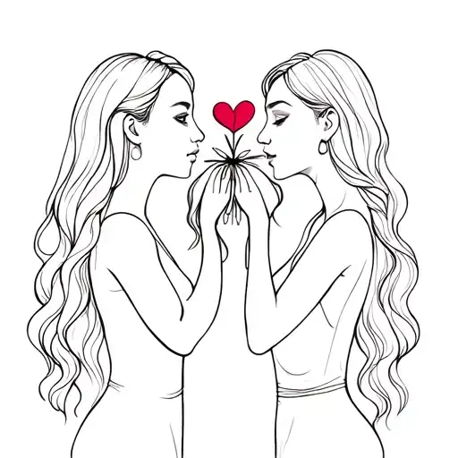 two women facing each other holding up a flower heart  tattoo design idea