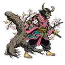 Bright pink cherry blossom tree with a geisha demon yokai wearing a vibrant colorful yukata horror   tattoo design idea