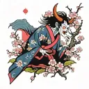 Bright pink cherry blossom tree with a geisha demon yokai wearing a vibrant colorful yukata horror   tattoo design idea