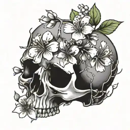 skull and cherry blossoms tattoo design idea
