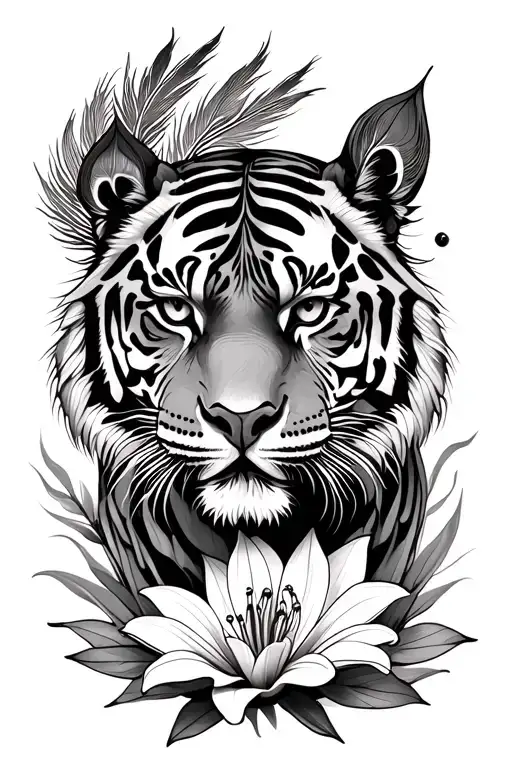 tiger with peacock feather and fire lily tattoo design idea