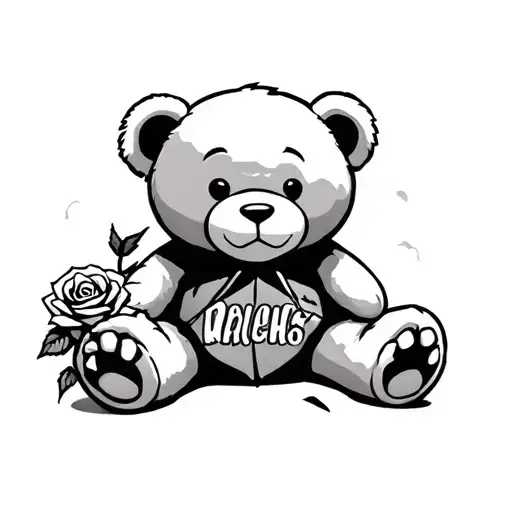 Broken Teddy Bear sitting holding rose word alone lettering tattoo tattoo design idea