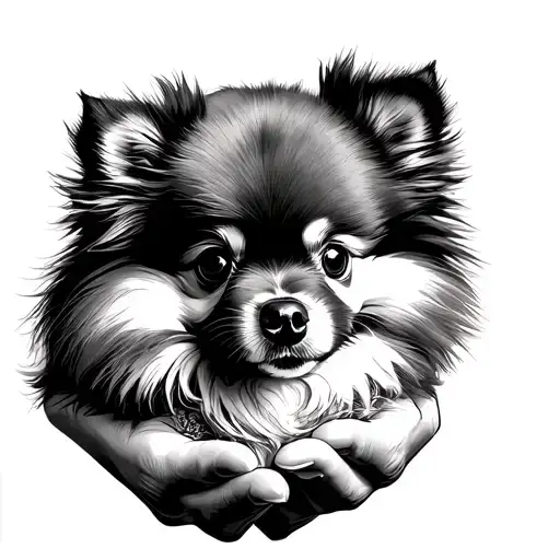 my dog passed away. in the memory of hiim. he's a brown pomeranian. make it looks like he's holding by my hands tattoo design idea