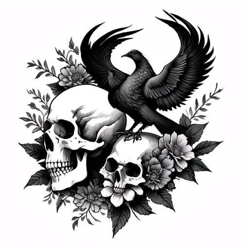 skulls, Phoenix bird,  flowers tattoo design idea