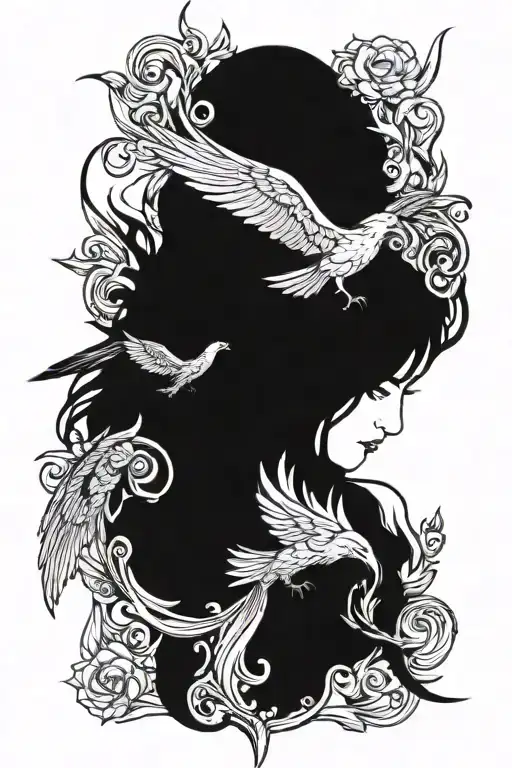 girl - phoenix with wings and tail, and raven tattoo design idea