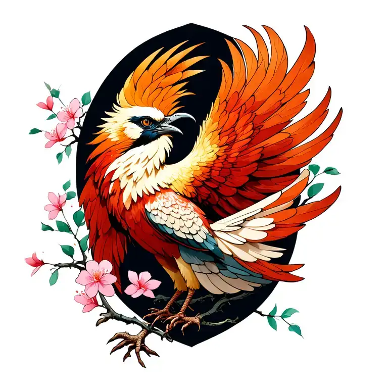 phoenix with fairy and realistic cherry blossoms tattoo design idea