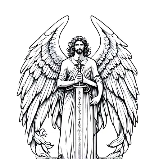 Archangel michael, big wings, wavy hair, symmetrical, sword in hand tattoo design idea