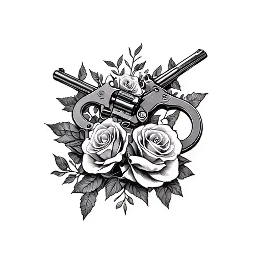 A Bonnie and Clyde inspired design featuring handcuffs and guns intertwined with romantic roses tattoo design idea