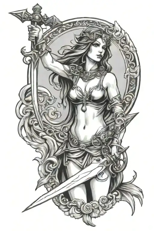 the morrigan goddess holding up a sword tattoo design idea