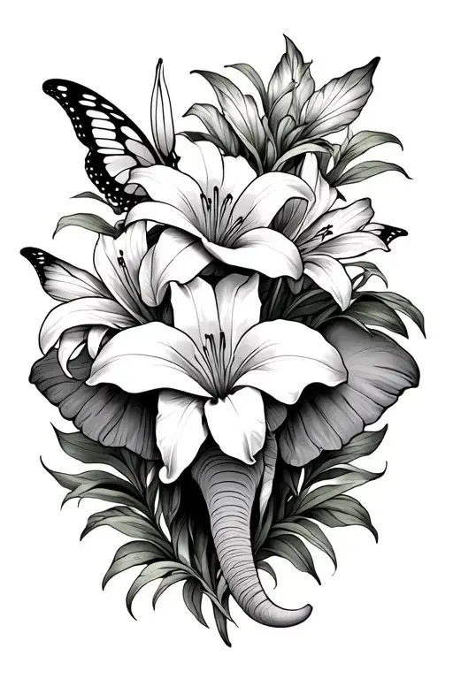 gemini sign, Lillies, small butterfly, elephant head tattoo design idea