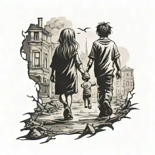 kids holding hands walking through a burned out city from far away  tattoo design idea