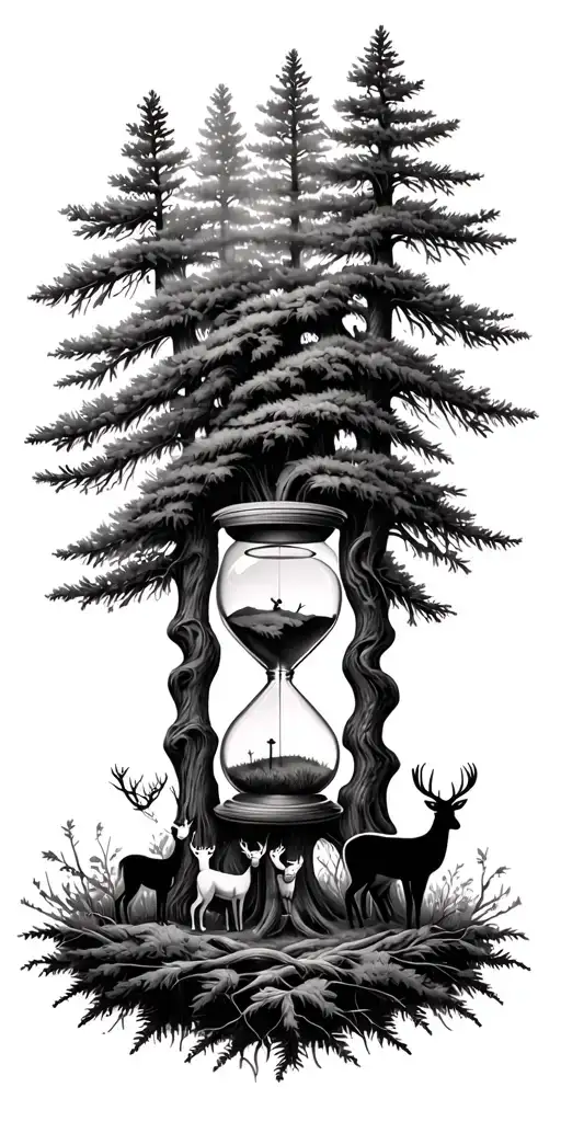 Pine forest wrap around and family tree and hour glass father with 2 kids and deer tattoo design idea