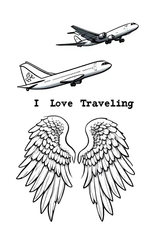 two angel wings and one aeroplane flying as the symbol of showing I love travelling  tattoo design idea