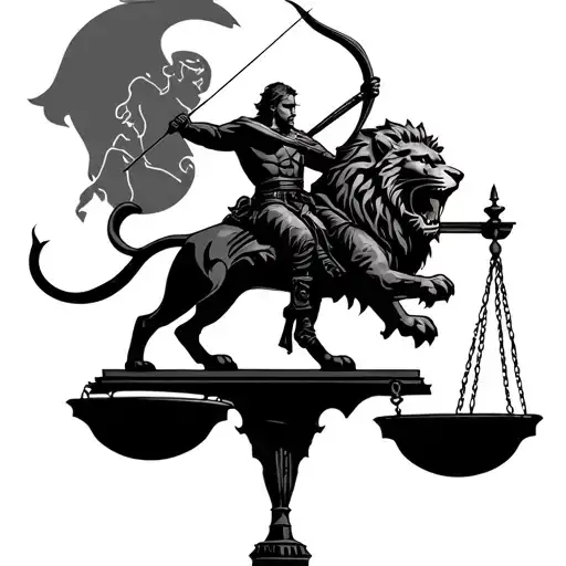 A serious archer riding a fierce lion with the justice weighing scale as background tattoo design idea