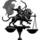 A serious archer riding a fierce lion with the justice weighing scale as background tattoo design idea