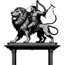 A serious archer riding a fierce lion with the justice weighing scale as background tattoo design idea