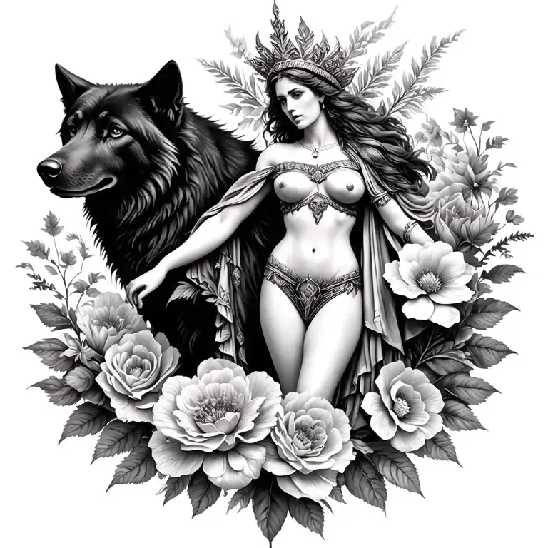Athena sexy goddess surrounded by poeny flowers and black wolf with mountains  tattoo design idea