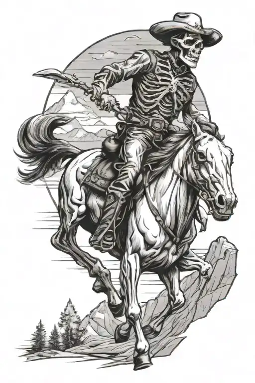 skeleton cowboy riding horse looking towards mountain range tattoo design idea