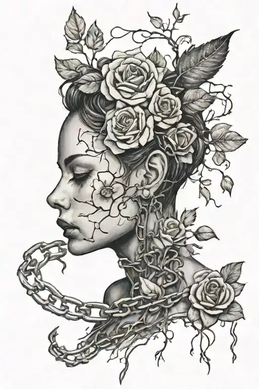 Silhouette of a girl with short hair, bare chest, roots growing out of chains, roses, decaying flesh tattoo design idea