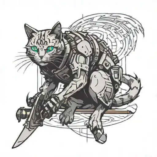 cyberpunk cat wearing katana tattoo design idea