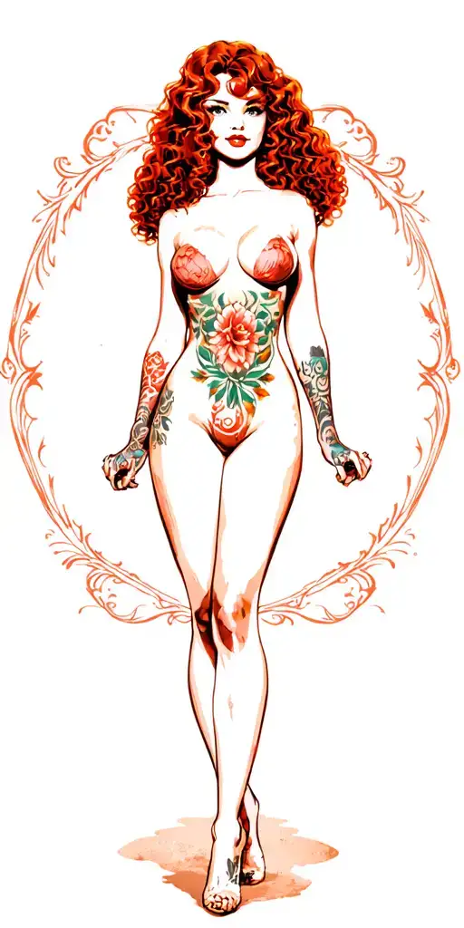 traditional-style pin-up girl with long red curly hair and naked. She should have vintage features tattoo design idea