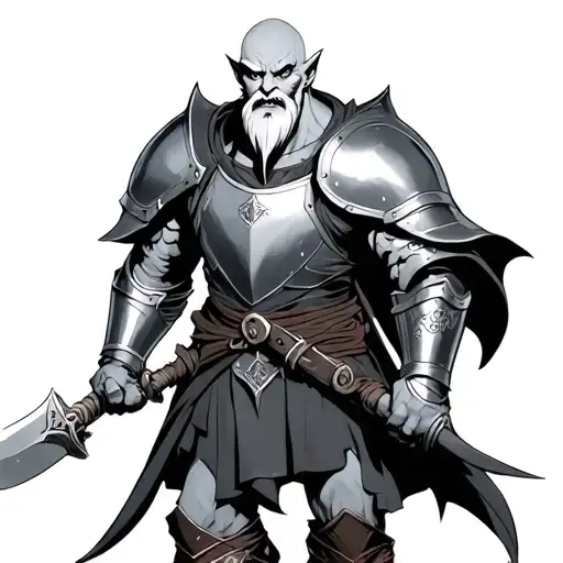 D&D Hobgoblin wearing armor with pale white skin, a bald head, and a white beard tattoo design idea
