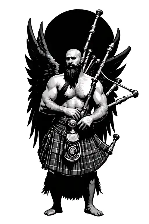 legless shirtless muscular bagpiper bald black beard playing bagpipes hoge black wings tattoo design idea