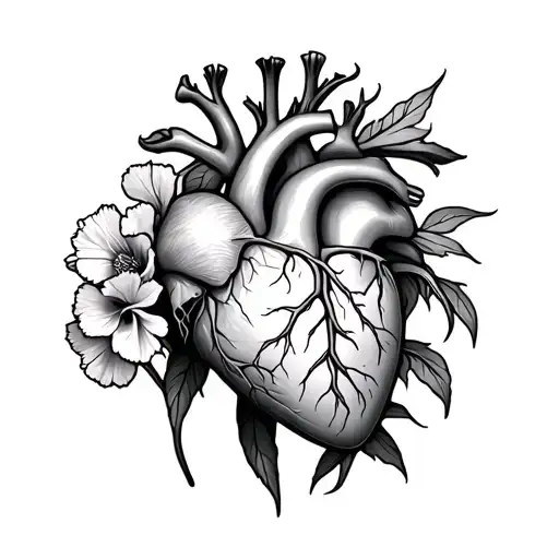 anatomical heart with dianthus flowers  tattoo design idea