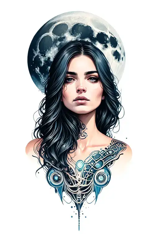 full moon with female portrait below tattoo design idea