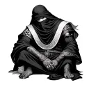 warrior wearing black arabic dress with his face covered and his angry eyes looking at the camera sitting on his black h tattoo design idea