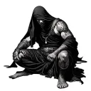 warrior wearing black arabic dress with his face covered and his angry eyes looking at the camera sitting on his black h tattoo design idea